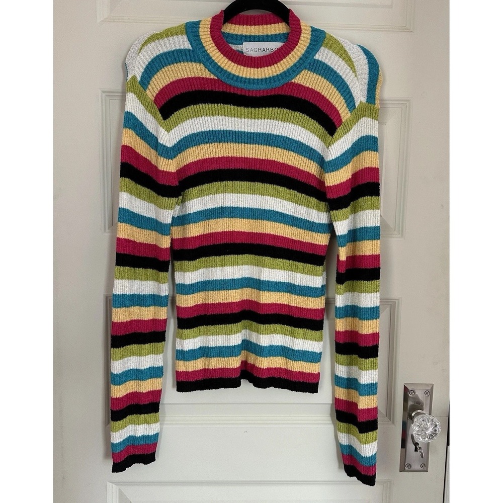 VTG Sag Harbor Women‎ SZ M Sweater Multicolor Striped Long Sleeve Retro Colorful